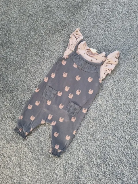 Baby Girls Next Dungarees Outfit 3-6 Months Grey Pink Cats casual frills dd