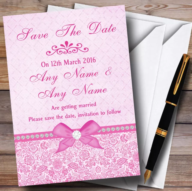 Hübsche Blumenschleife & Diamant rosa personalisierte Hochzeit Save the Date Karten