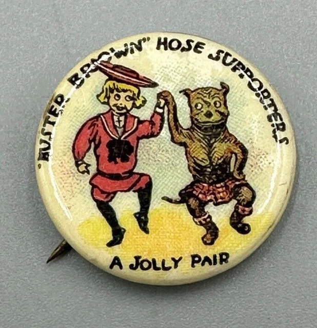 Antique BUSTER BROWN HOSE Jolly Pair TIGE Celluloid Pinback Advertising Pin