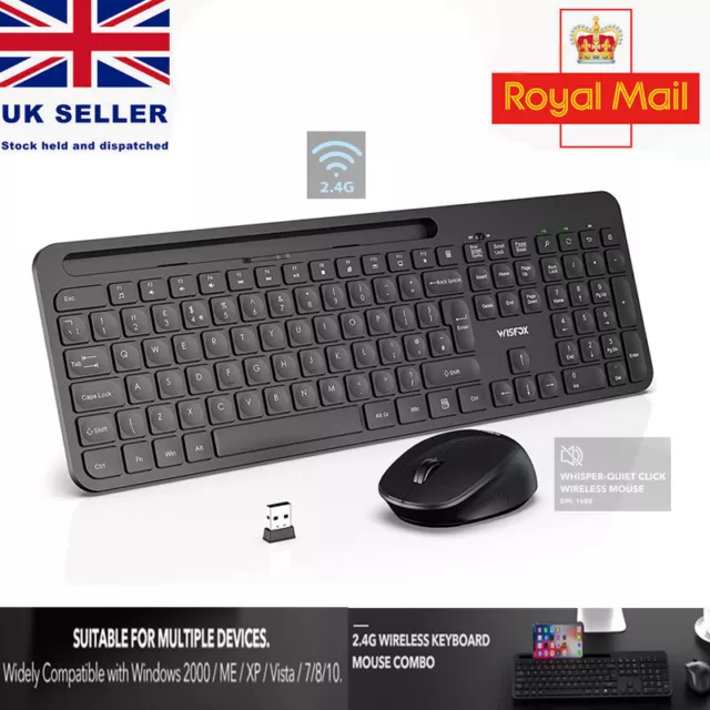 2.4GHz Wireless Slim Keyboard Mouse Set w/Phone Holder For PC Laptop Full-Size