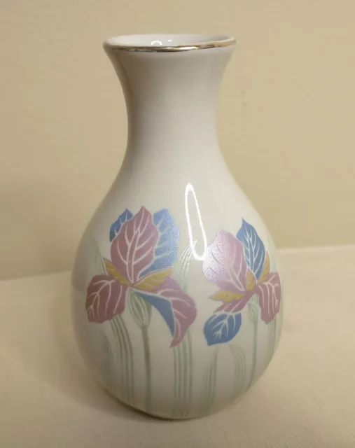VTG Otagiri Japan Bud Vase White Gold Trim Blue Pink Iris Flowers 3 3/4" 2