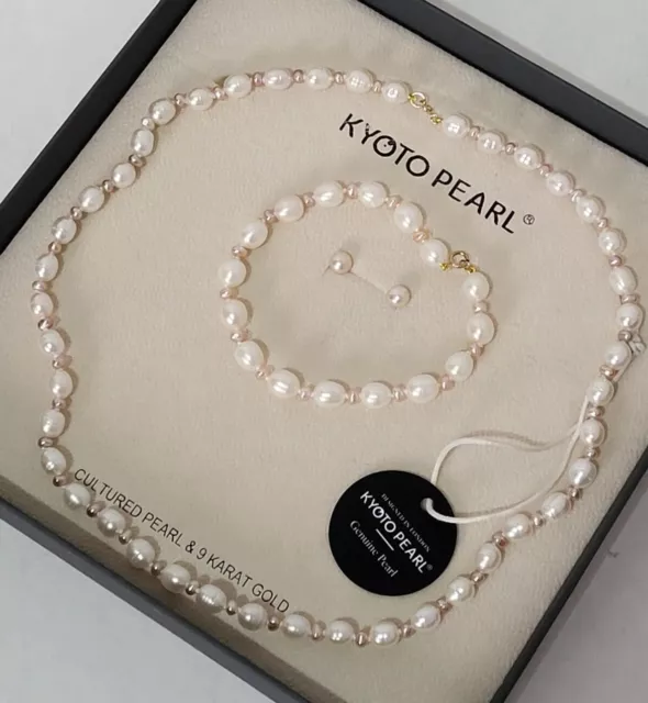 Kyoto Perle Original Süßwasser Weiß 18" 9ct Gold Halskette Ohrringe Armband Set