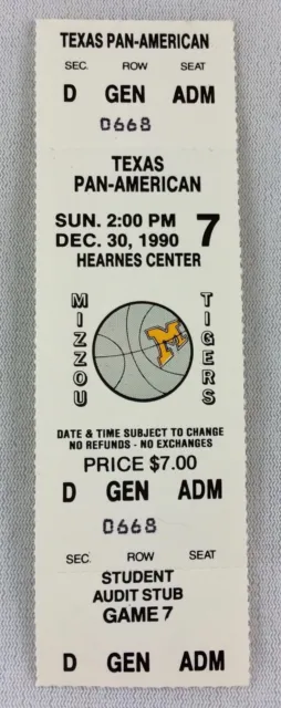 1990 12/30 Texas Pan-American at Missouri Tigers Basketball Full Ticket