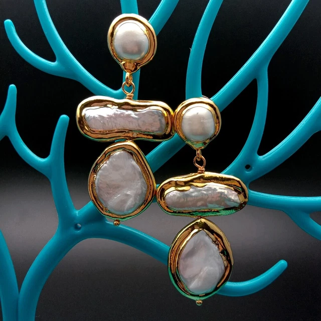 Freshwater Cultured White Biwa Pearl Coin Pearl Gold plated Earrings