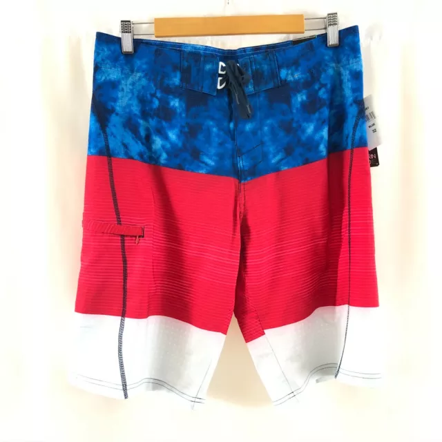Burnside Mens Board Shorts Striped Lace Up UV Protection Red White Blue Size 32