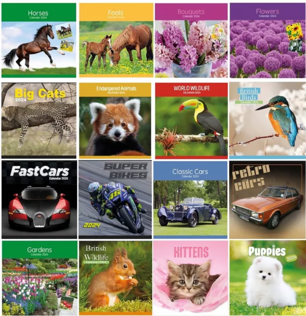 2024 Square Wall Calendars Cats Dogs Birds Horses Retro Classic Super Cars Bikes