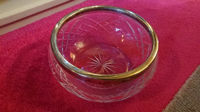 Large Vintage Art Deco Cut Glass Fruit Bowl with Silver EPNS Plate Rim