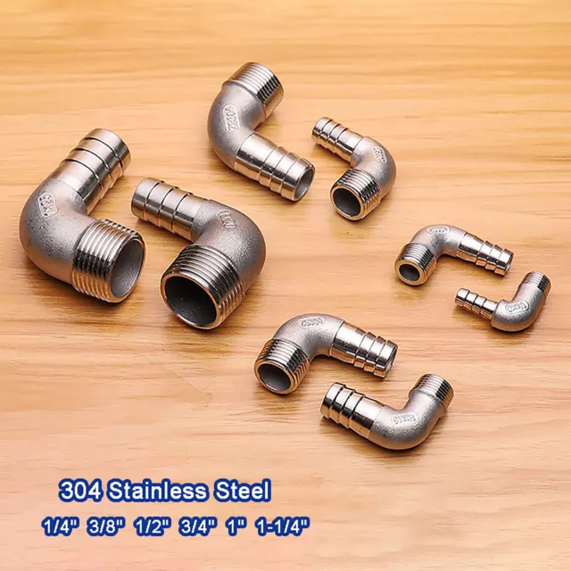 Stainless Steel BSP 90° Elbow Hose Joiner Connector Tail Barbed Pipe Fittings