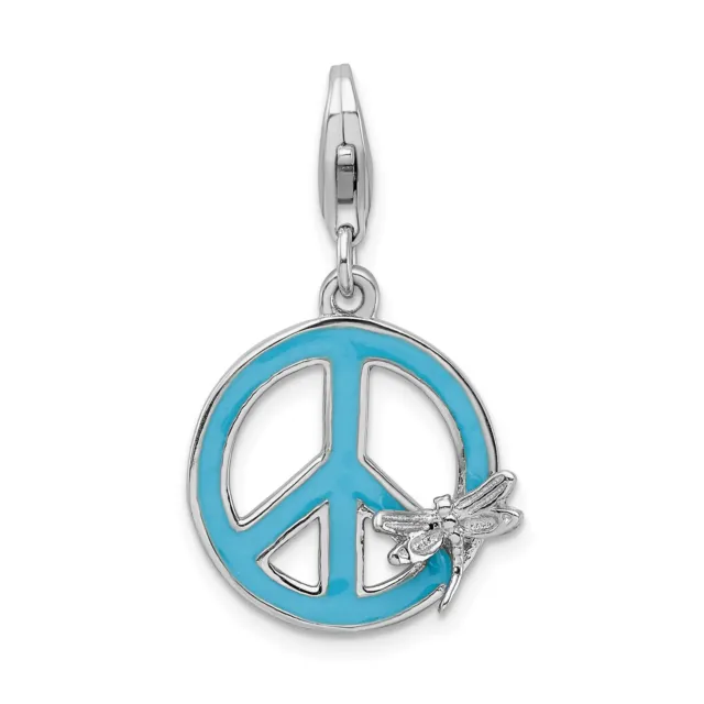 Amore La Vita Silver  Polished Enameled Peace Sign with Dragonfly Charm with Fan