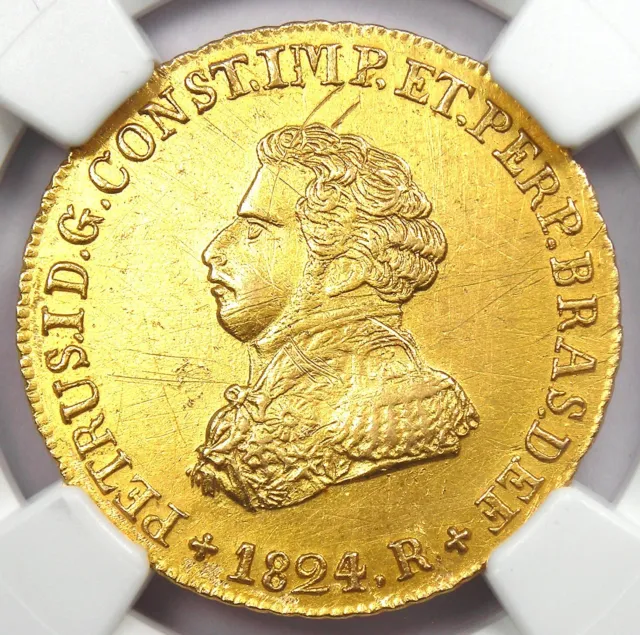 1824 Brazil Gold Pedro I 4000 Reis Coin 4000R - Certified NGC AU Details - Rare!