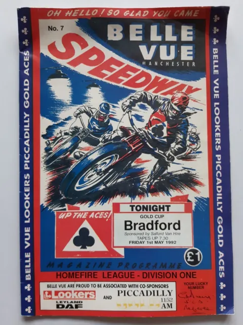 BELLE VUE vs BRADFORD SPEEDWAY PROGRAMME 01/05/1992 (GOOD CONDITION)