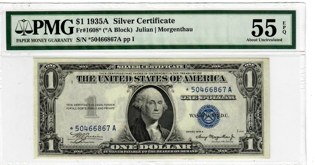 1935-A $1 FR.1608* Silver Certificate Star Replacement Note PMG AU-55 EPQ 2002
