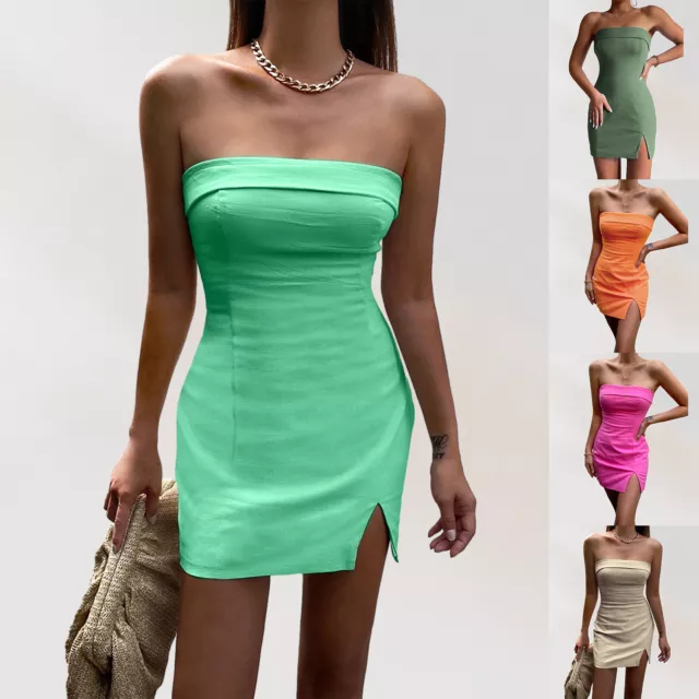 5# Women Bandeau Dress Skinny Strapless Slim Dress Solid Color Cocktail Party Dr