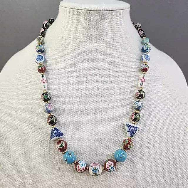 Beaded Vtg Necklace Painted Glass Multicolor Floral Beads Gold Tone Box 24"