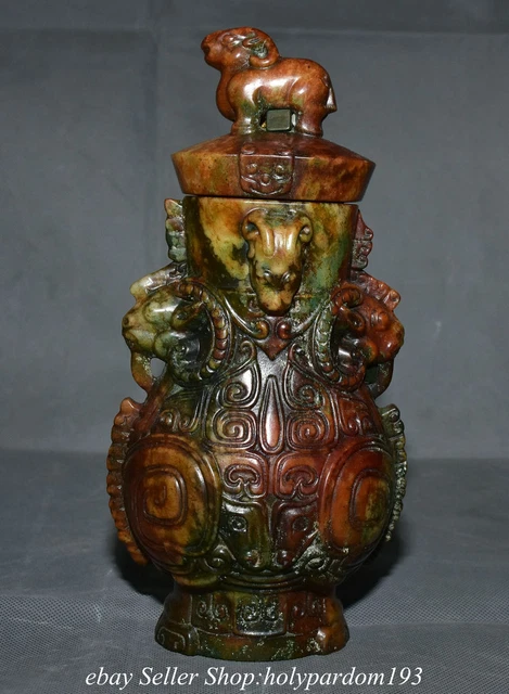 10" Ancient Chinese Xiu Jade Carved Dynasty Sheep Zun Bottle Vase Statue