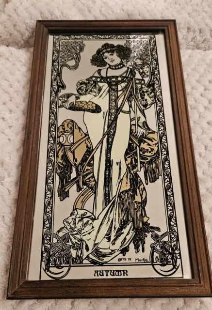 Vintage Alphonse Mucha Lady Picture Autumn 1970s Art Nouveau Decorative Mirror