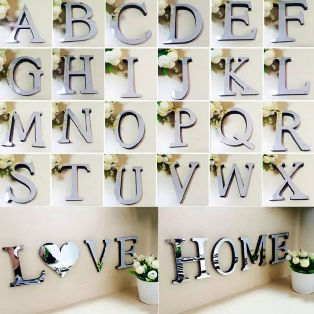 26 Letters DIY Mirror 3D Wall Sticker Silver Art Mural Home Decor Acrylic Decals