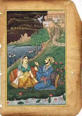 Indien Miniature Ancien Peinture De Moghol Empereur & Empress Enjoying Soirée 2