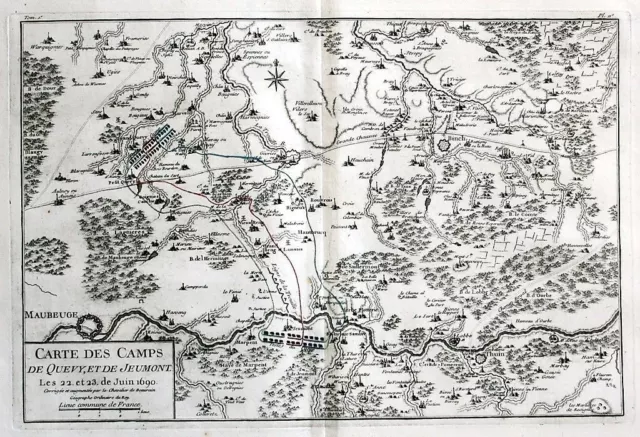 1750 Thuin Binche Jeumont Maubeuge Givry Estinnes Carte Engraving Map Gravure