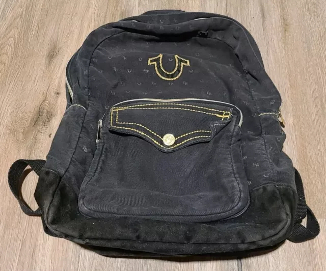 True Religion Black & Gold Monogram Jean Backpack Bookbag Distressed