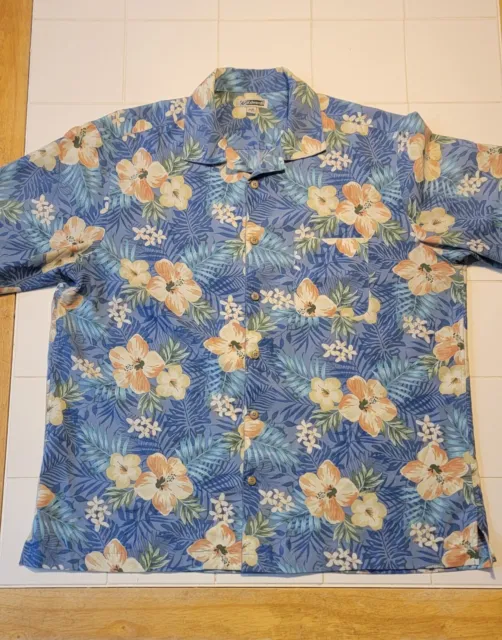 Edwards Mens Short Sleeve Button Up Shirt Blue Floral Flower Hawaiian Large