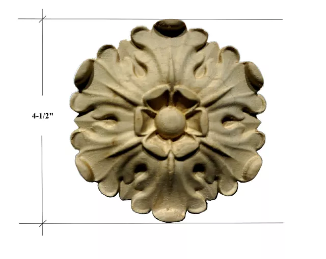 Solid Hardwood carved Round Rosette / Applique 4-1/2"Dia. x 3/4" Thick