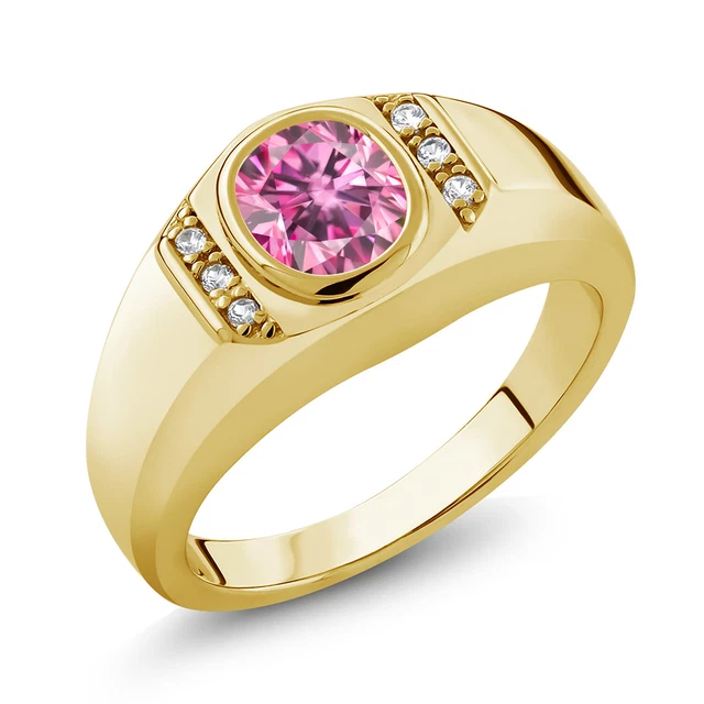 18K Yellow Gold Plated Silver Men's Ring Pink Moissanite Created Sapphire (1.44