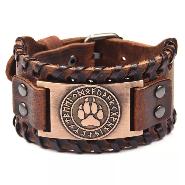 Men's Norse Viking  Wolf Paw&Vegvisir Rune Leather Cuff Wristband Bracelet Gift