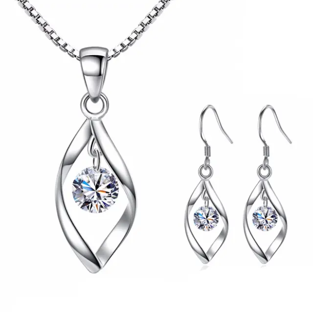 Women 925 Sterling Silver Leaf Zircon Drop Earrings Necklace Pendant Chain Set
