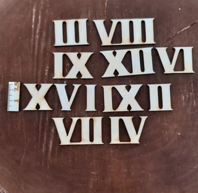 Römische Ziffern Zahlen 1 bis 12 aus Holz in 25mm Höhe für Uhren Basteln Breit