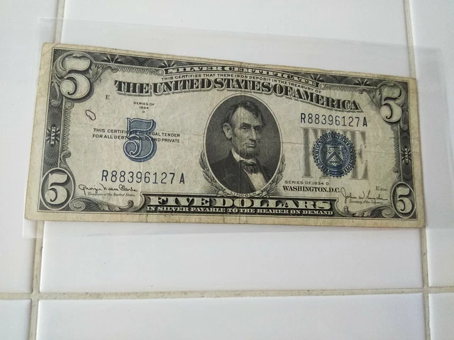 Five Dollar Silver Certificate, V/G, Series 1934 D, Serial Number R 88396127 A