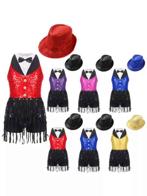 Set tuta bambino bambina abito a linea abito jazz body cappello abbigliamento da ballo lucido