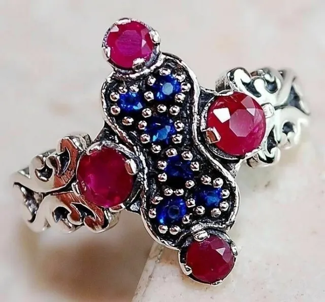 Natural 1CT Ruby & Sapphire 925 Sterling Silver Filigree Ring Sz 6,7,8 FM4