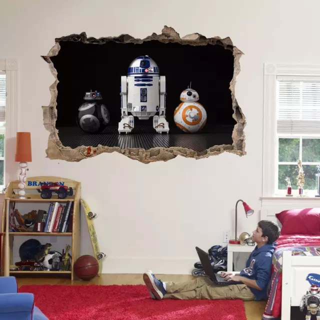 Star Wars Droids R2-D2 BB-8 BB-9E 3D Adesivo da parete rotto decalcomania arte murale J1181