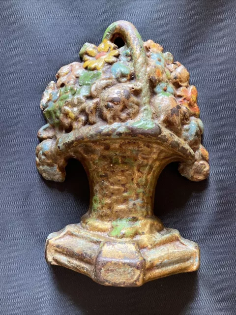 Vintage Antique Decorative Cast Iron Door Stop Basket Of Flowers Bouquet