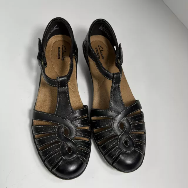 Clarks Wendy Tiger Q Leather Black T-Strap Womens 8 N Fisherman Sandals Shoes