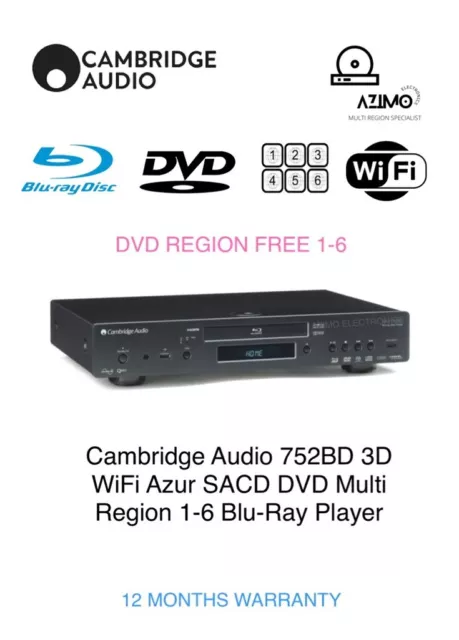 Reproductor de Blu-Ray Cambridge Audio 752BD 3D WiFi Azur SACD DVD multiregión 1-6