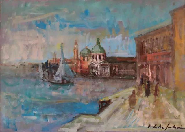 Vue de Venise-Grand Canal-Basilique Vieille Peinture à Huile italienne signée