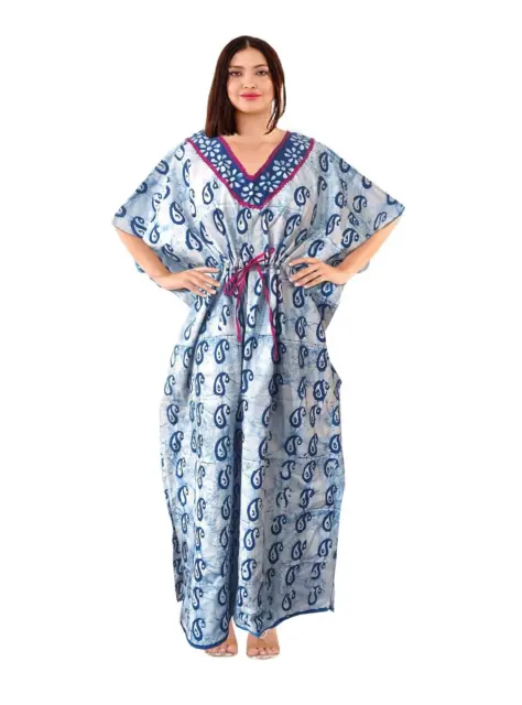 Indigo Blue Batik Block Women's Coverup Dress, Caftan (Kaftan-Maxi )100%Cotton