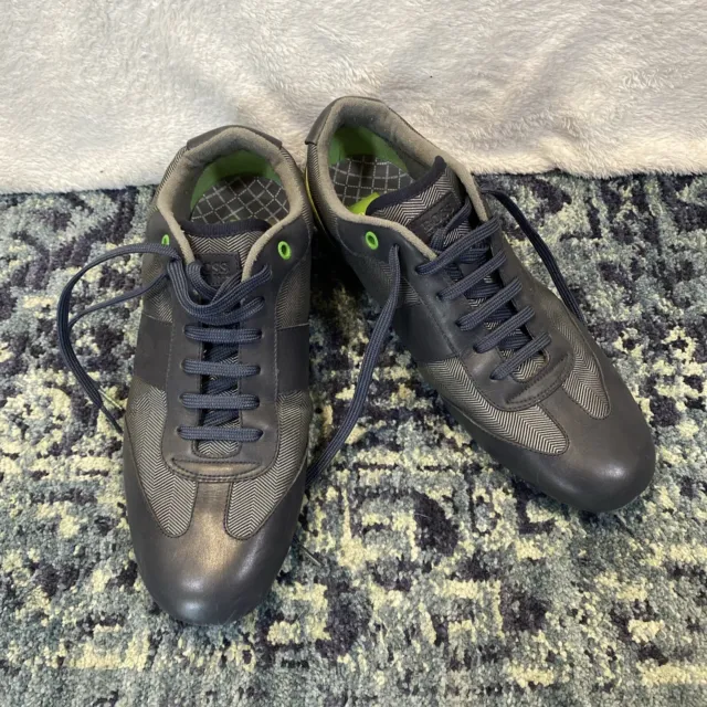 Hugo Boss Grey Leather/Green Herringbone Sport Trainer Sneaker Men US 8.5 Eur 42