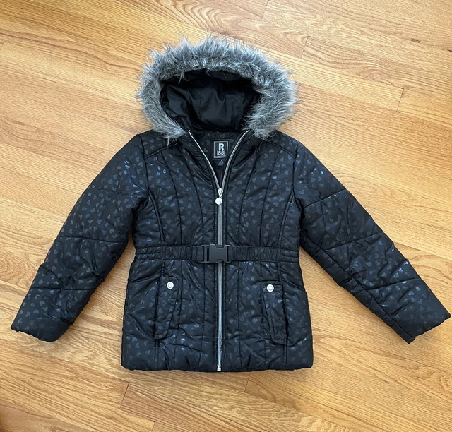 R1881 S. Rothschild Girls Black Hearts Faux  Fur Hooded Puffer Jacket Coat S 7/8