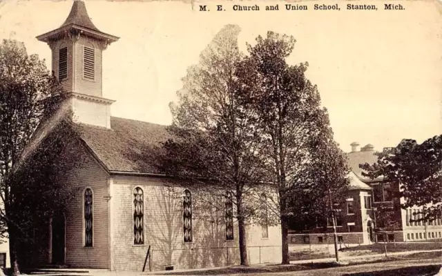 Stanton Michigan M E Church Union School Street View Antique Postcard K14739