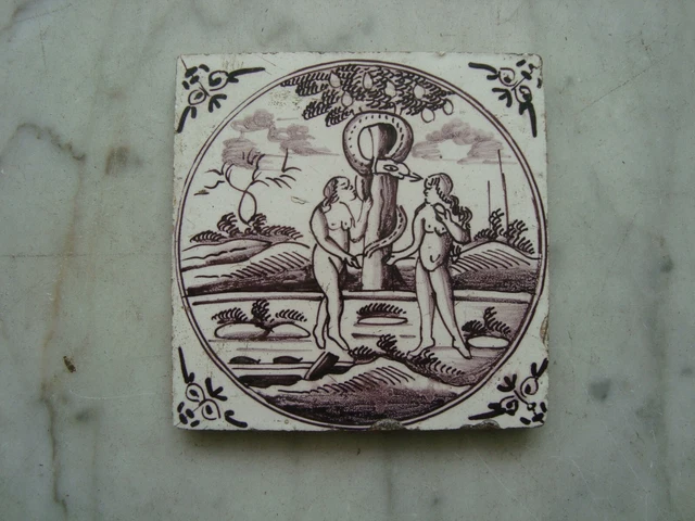 rare18th century delft dutch tile bible , adam and eve bibical