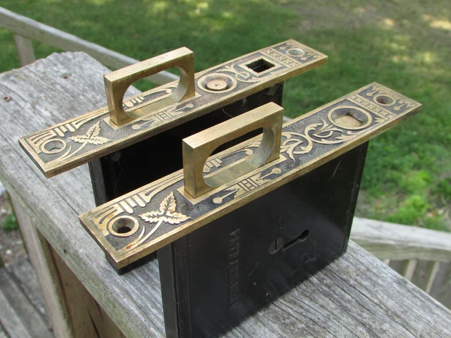 Antique EASTLAKE Brass MORTISE Locks with Pushbutton DOOR PULLS - Nice PAIR !!!