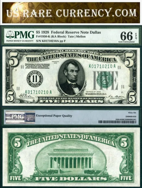 1928 $5 Federal Reserve Note FR-1950K Dallas Texas PMG Gem 66EPQ
