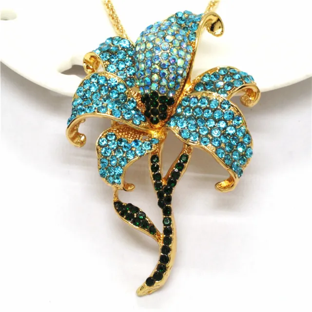 Betsey Johnson Blue Rhinestone Bling Flower Crystal Pendant Women Necklace