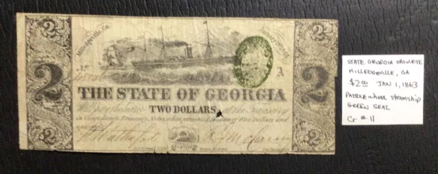 1863 $5 US "MILLEDGEVILLE GEORGIA" Rough! "Paddle Wheel Steamship"! CR #11