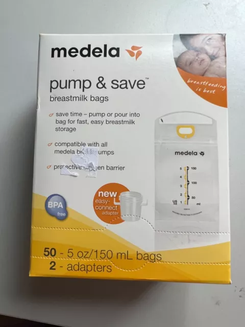 Medela Pump and Save NIB 50 Breast Milk Bags Plus 2 Adapters