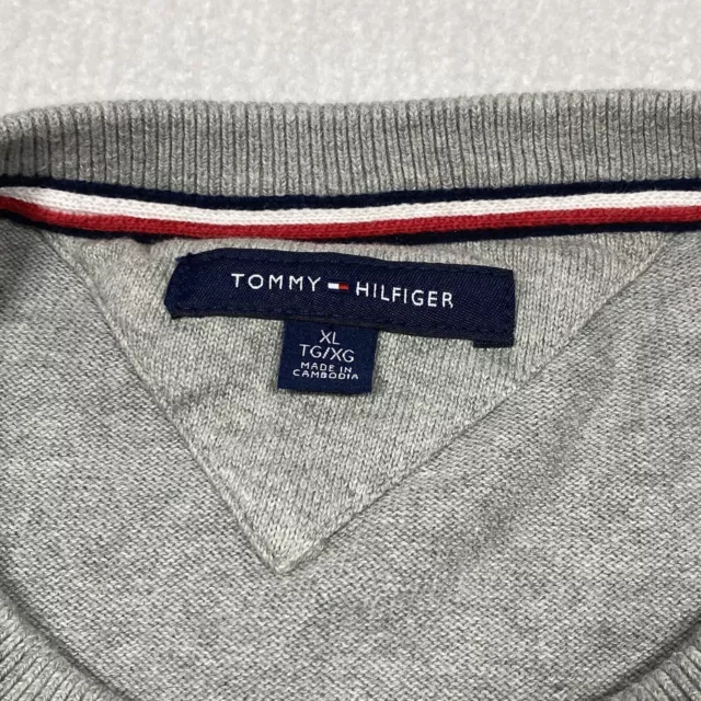 TOMMY HILFIGER SWEATER Mens XL Pullover Gray Long Sleeve Spellout Adult ...