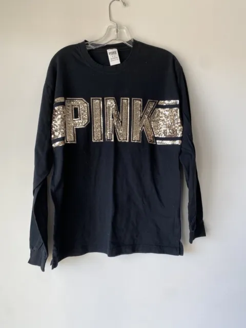 VICTORIA’S SECRET PINK SHIRT Long Sleeve top Black Gold Sequin Small Size S